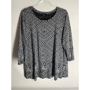 Lucky Brand Navy Blue White Boho 3/4 Sleeve Cotton T-shirt Size 1X